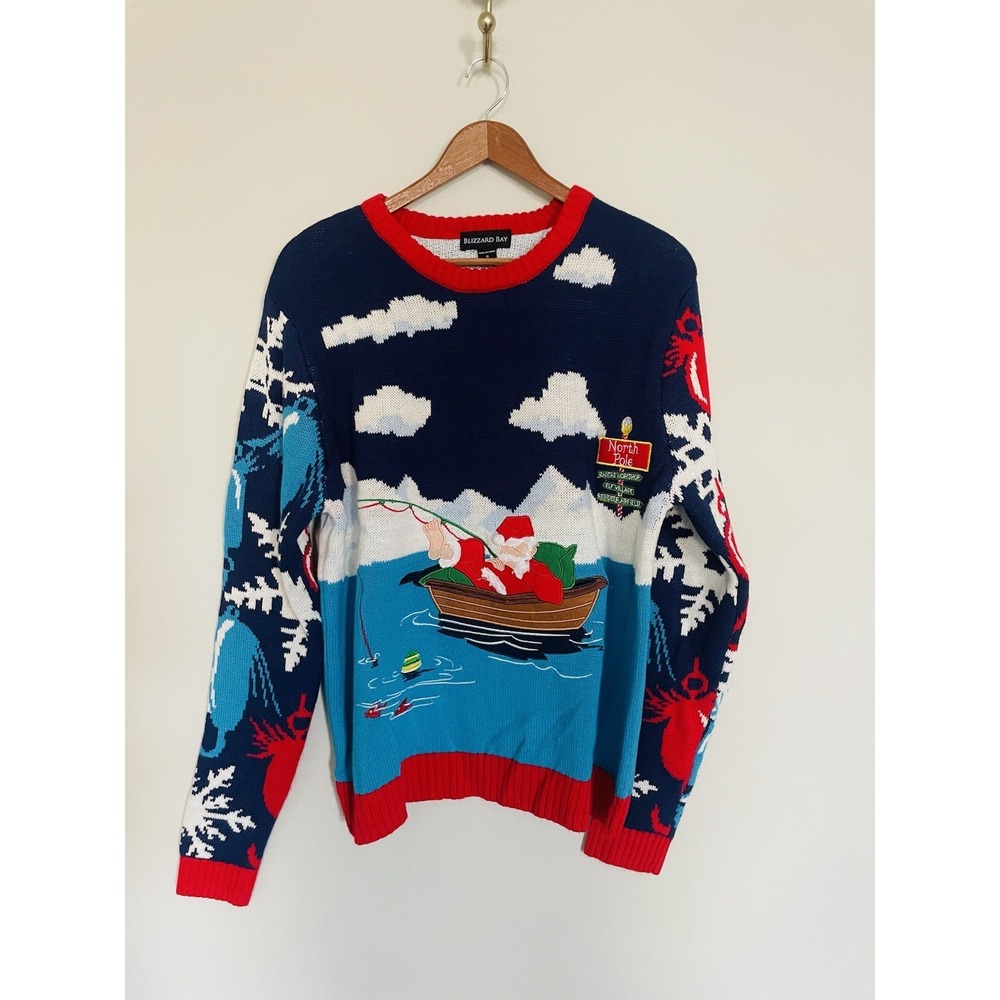 Blizzard Bay Ugly Christmas Sweater. Santa.‎ Fishing. Size Small. Holiday.